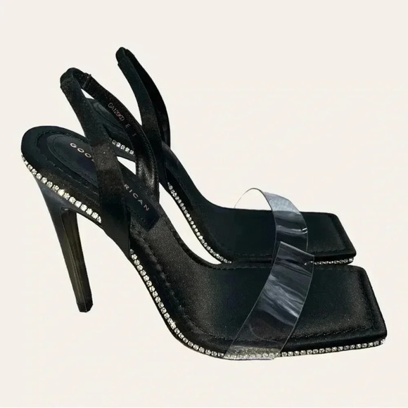 GOOD AMERICAN CRYSTAL CRUSH LUCITE SANDAL STILETTO HEELS WITH RHINESTONES SZ 9 - Picture 2 of 9